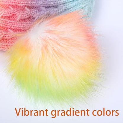 Girls Rainbow Pom Pom Beanies Hats Winter Knit Fleece Lined Beanie Hat for Kids Outdoor Snow Ski Skull Cap Age 7-12 - color: Pompom-multi Rainbow(fleece Lined)