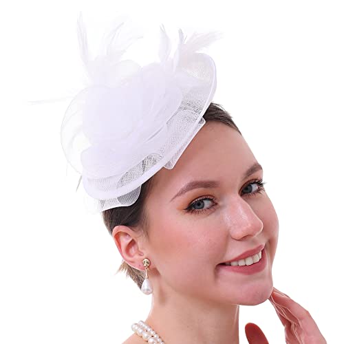 Fascinator Hat with Feather and Mesh – Floral Headpiece for Tea Party, Wedding, Cocktail Event - color: White