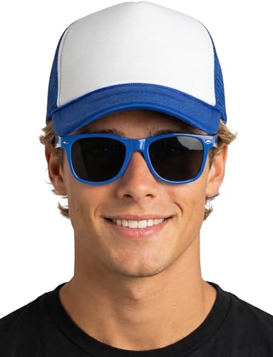Funky Junque Blank Mesh Foam Lightweight Snapback Trucker Hat - color: Hat (Royal Blue/White) & Sunglasses (Royal)