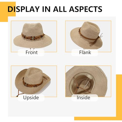 Women/Men Straw Cowboy Hat Wide Brim Sun Beach Cowgirl Hat Summer Western Cowboy for Travel Outdoor Family - color: Khaki W