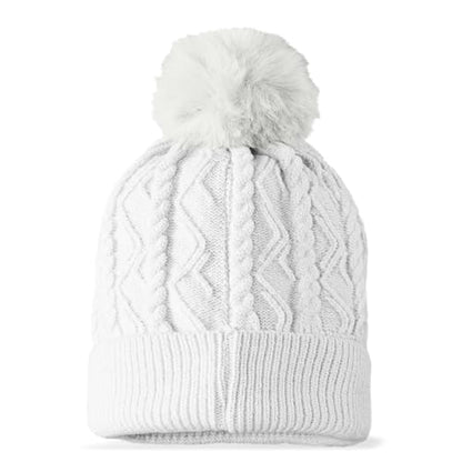 DALIX Cable Knit Pom Beanie Soft Stretch Skully Warm Fuzzy Faux Sherpa Winter Ski Beanie - color: White