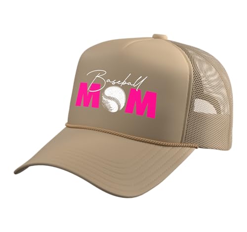 Baseball Mom Trucker Hat with Adjustable Mesh Back - color: Khaki