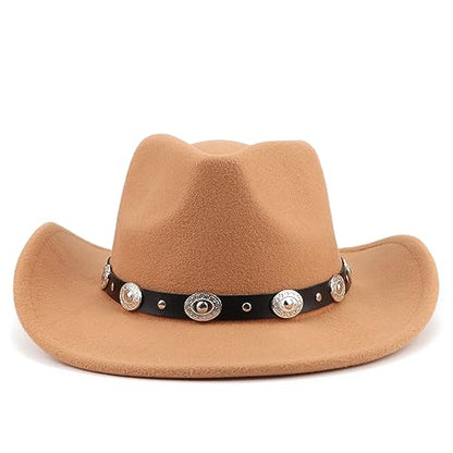DRESHOW Women Men Classic Felt Wide Brim Western Cowboy & Cowgirl Cap Belt Buckle Retro Panama Hat Unisex Rolled up Caps - color: 1 Pack Style 1: Khaki (Hat Circumference: 22-22.8")