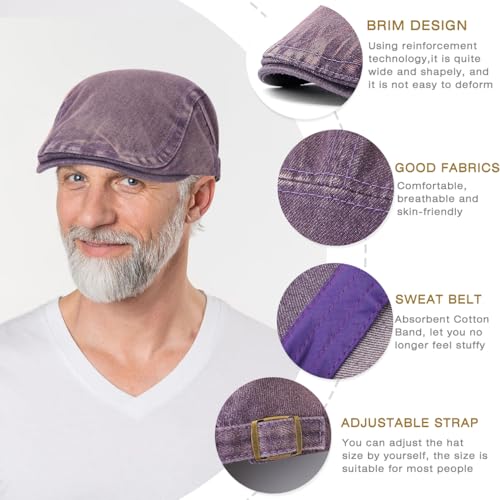 Mens Denim Cotton Newsboy Cap Ivy Gatsby Driving Hunting Cabbie Hat - color: Purple