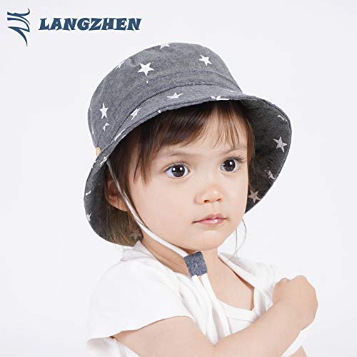 LANGZHEN Sun Protection Hat for Kids Toddler Boys Girls Wide Brim Summer Outdoor hat Cotton Baby Bucket Hat with Chin Strap - color: Dark Blue - Stars, size: 6-12 Months