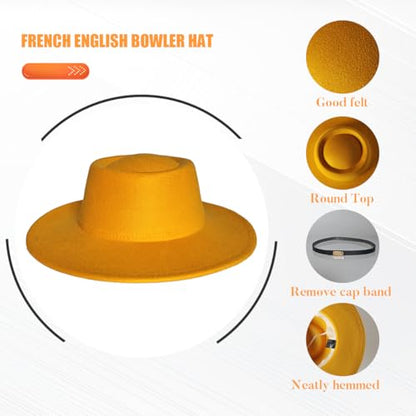Fedora Hat for Men and Women, Wide Brim Flat Top Cap - color: Yellow