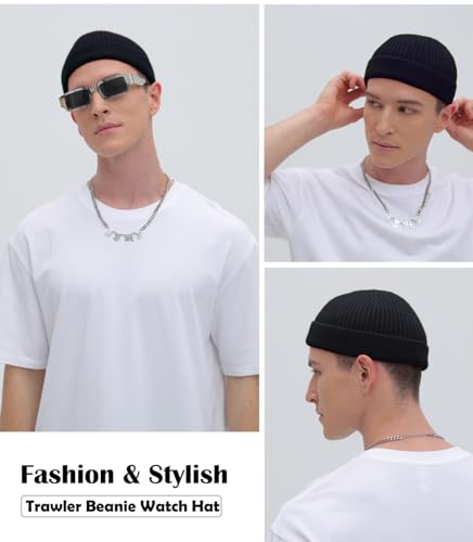 ROYBENS Thin Swag Wool Short Fisherman Beanie for Men Women Knit Winter Hat - color: 1pcs-black
