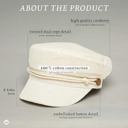 Funky Junque Greek Fisherman Newsboy Cap, Cotton Captains Bakerboy Hat - color: Corduroy - Beige
