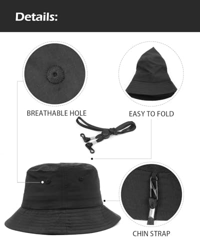 Zylioo XL XXL Bucket Hat for Big Heads, Quick Dry Travel Sun Hat with Strap - color: Black, size: Small-Medium