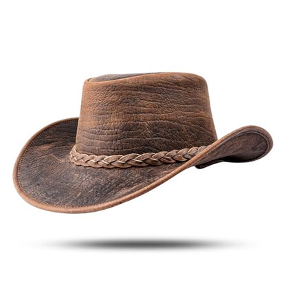 HADZAM Elephant Skin Themed Australian Style Leather Cowboy hat Shapeable into Outback hat for Men & Women - size: Small