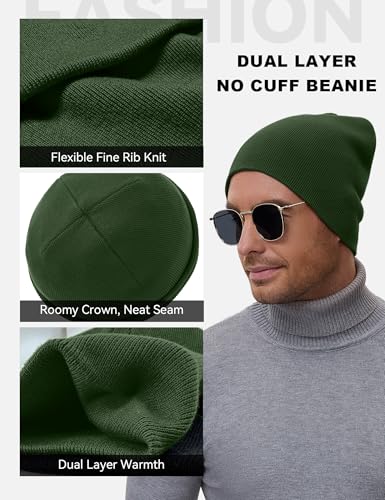ROYBENS 100% Cotton No Cuff Beanie Hat Men Women, Fisherman Skull Cap - color: Dark Green