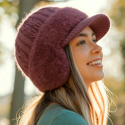 Winter Trapper Beanie Hats for Women Men, Fleece Lined Knit Hat with Brim Ear Flaps, Ear Warmers Cold Cap - color: Red