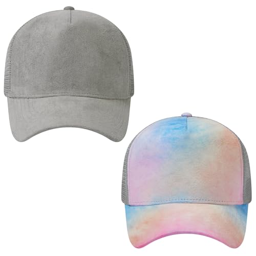 Suede Curved Brim Trucker Cap Adjustable Snapback Hat Mesh Back Breathable for Men Women 2 Pack SH03 - color: Pack of 2, Light Grey & Rosy Clouds
