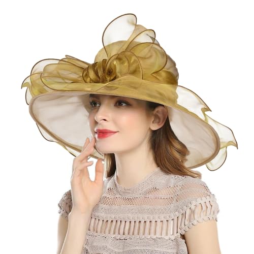 2026 Derby Hats for Women Ladies, Classy Organza Sun Hat, Church Tea Party Wedding Kentucky Fascinator Hat - color: B2967-gold