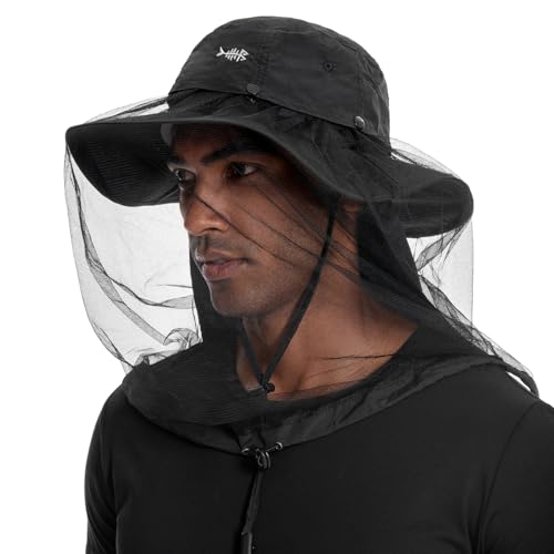 BASSDASH UPF 50+ Mosquito Sun Hat with Hidden Head Net and Neck Flap for Men Women Outdoor Fishing Hiking Camping - color: Black