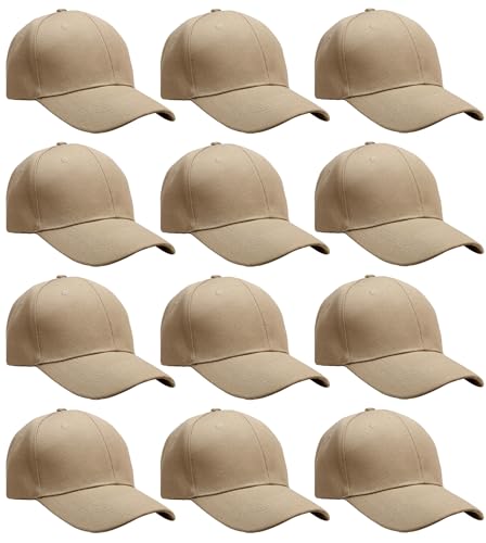 Falari Wholesale Bulk Lot 12-Pack Baseball Cap Adjustable Size Plain Blank Solid Color - color: Khaki