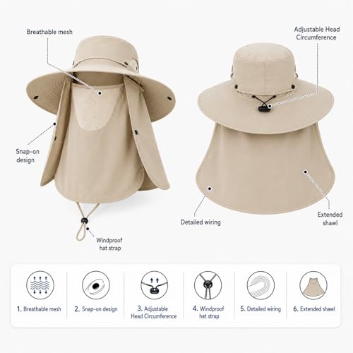 Men Women Safari Bucket Fishing Sun Hats Face Cover Neck Flap - color: Kcl015-beige