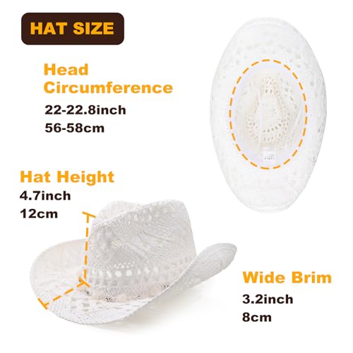 AQOKKA Straw Cowboy Hats for Women Men Western Cowgirl Hats with Shapeable Brim Woven Hollow Out Unisex Beach Roll Up Caps - color: Cowboy Hat : Solid White