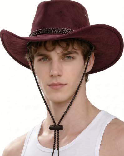 Classic Western Rolled-up Vegan Suede Cowboy Hat - color: Reddish Brown