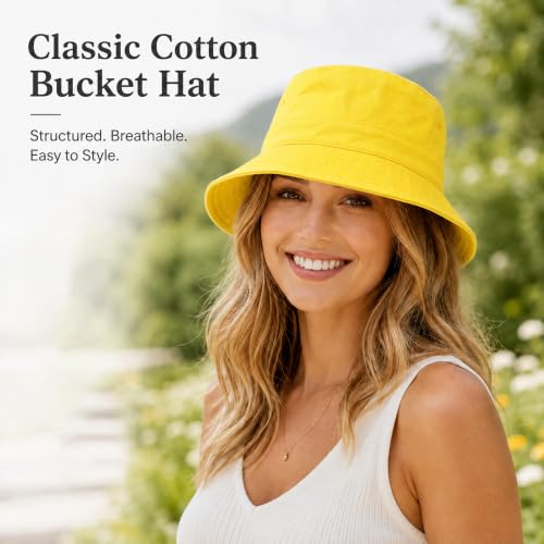 Cotton Bucket Hat Packable Beach Sun Hat for Women Men - color: Yellow