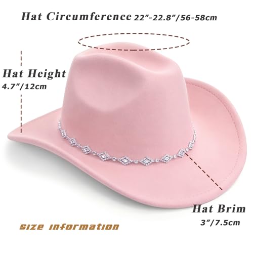 AQOKKA Western Cowboy Hat for Women Men Wide Brim Retro Felt Fedora Cowgirl Hats Classic Unisex Rolled up Caps Outdoor - color: Pink