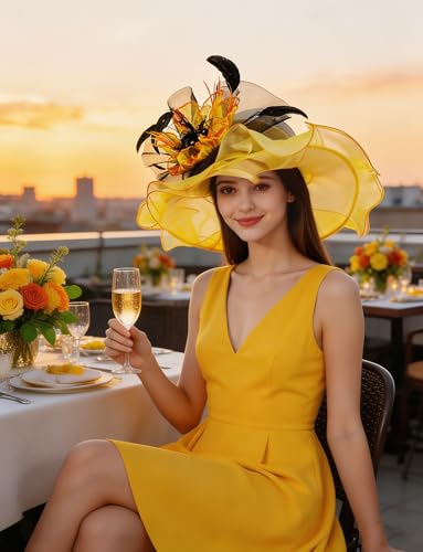 Organza Church Derby Hats for Women Wedding Tea Party Fascinator Floral Wide Brim Sun Hat - color: Style02 Yellow Black