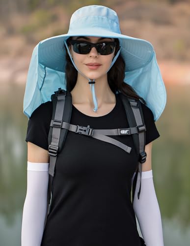 HUAMULAN Women Men Wide Brim Sun Hat Hiking Fishing Hats with Neck Flap - color: Blue With Mesh Panel