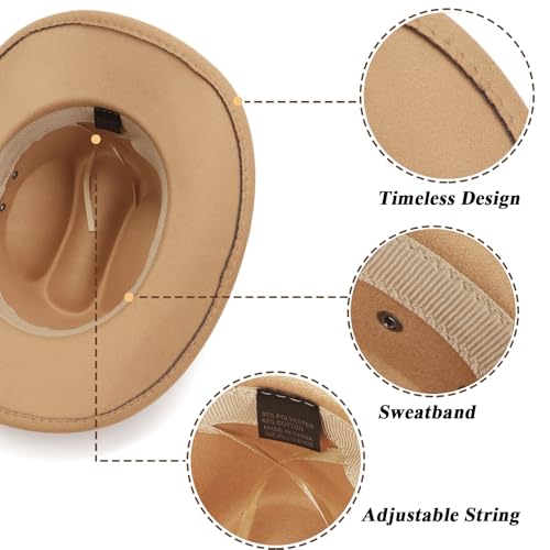 DRESHOW Western Cowboy Hat for Men Women Cowboy Cowgirl Hat Outdoor Wide Brim Retro Felt Fedora Hats Unisex Rolled up Caps - color: 1 Pack Style 5: Camel