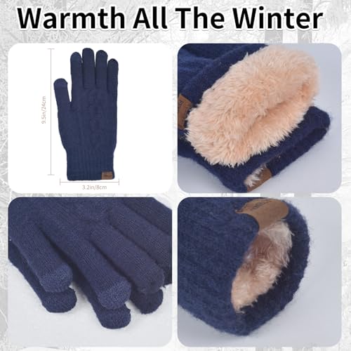 Winter Hat Scarf Gloves Set for Women, Classic Cable Beanie with Removable Pom Pom Long Scarf Touchscreen Gloves 3 in 1 Set - color: Navy Blue