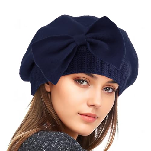 Century Star Lady French Beret Hats for Women Chic Wool Beret for Adults Fashionable Winter Warm Cap Beanie Hats - color: Navy Blue