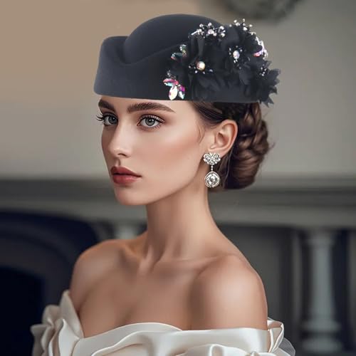 Women Vintage Church Hat Applique Felt Pillbox Hat Fascinator Tea Party Cap - color: Z1-black