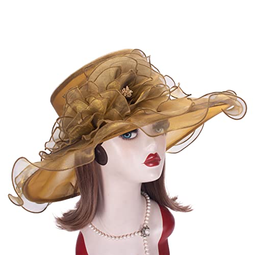 Lawliet Womens Dressy Wide Brim Church Wedding Occasion Sun Hat A613 - color: Gold