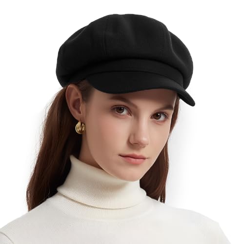 ACUSHLA Merino Wool Newsboy Cap Women Trendy Winter Baker Boy Cabbie Hats - color: Black