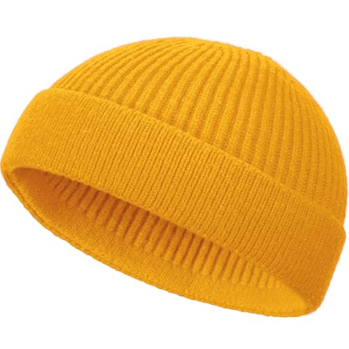 Wool Fisherman Beanie for Men Wome, Thin Knit Winter Hats Skull Cap - color: Yellow