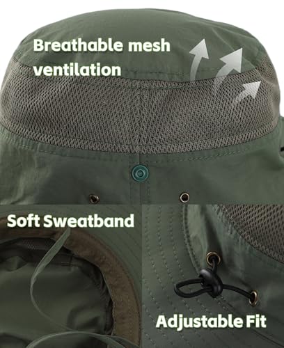 Connectyle UPF 50+ Wide Brim Sun Hat for Men Breathable Cowboy Boonie Hats Outdoor Bucket Hat for Fishing Hiking Safari - color: Army Green
