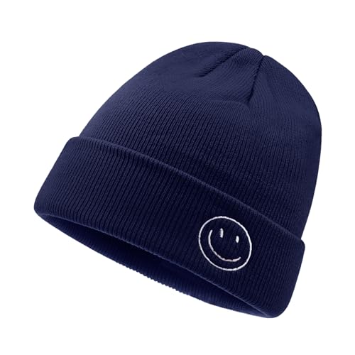CLAPE Beanie Hat for Men, Cute Embroidery Smiley Face Winter Hat Women Outdoor Ski Snowboarding Knit Cuffed Fisherman Beanie - color: Kh27-blue