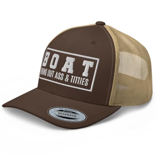 NG Boat Bring Out Ass and Titties Curved Bill Trucker Hat Mid Crown Adjustable Funny Adult Humor Cap - color: Brown/ Khaki