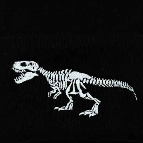 Black Beanie Hat for Men Women Embroidered Knit Winter Beanies Cap - color: Dinosaur