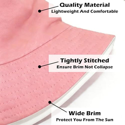 Bucket Hat for Men and Women 2-in-1 Reversible Sun Protection Fashion Flat Top Cap for Fishing Travel Beach Sports - color: Pink-white