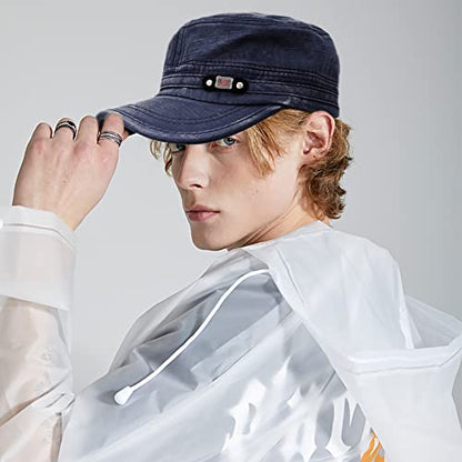 Unisex Cadet Army Cap Adjustable Flat Top Cap Washed Cotton Military Hat Baseball Cap - color: Black Navy