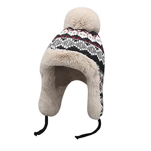 Women Winter Beanie Hat Thick Fleece Lined Warm Earflap Trapper Hat Pom Pom Jacquard Knited Outdoor Ski Snow Cap - color: Black