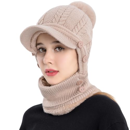 HUAMULAN Women Cable Knit Balaclavas Winter Fleece Lined Beanie Hat - color: Khaki With Pompom