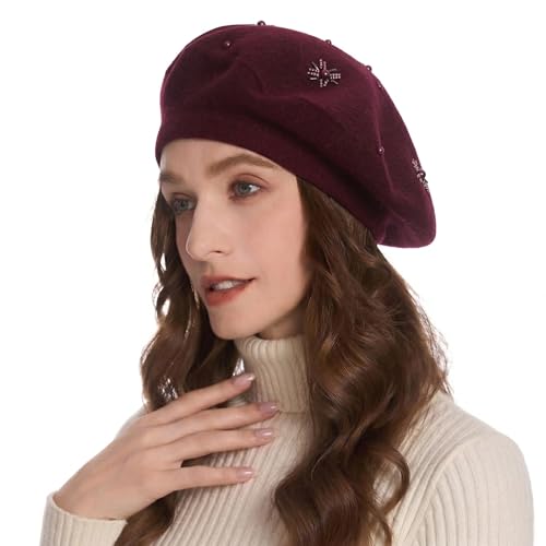 ZLYC Women French Beret Hat Reversible Knit Thickened Warm Artist Cap - color: Plain Burgundy