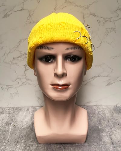Unisex Adult Hip-hop Distressed Beanie with Iron Ring Punk Grunge Knitted Ripped Hat - color: 2 Pcs B