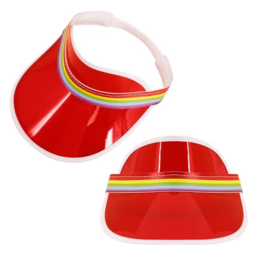 Giovacker Womens Mens PVC Clear Colorful Sun Visor Hats - color: Rainbow Print - Rose Red + Red