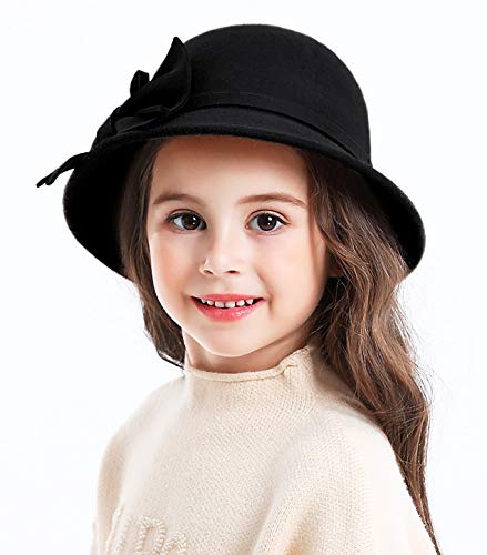 Bienvenu Kids Girls Winter Warm 100% Wool Bucket Hats Fedoras with Bowknot - color: Black