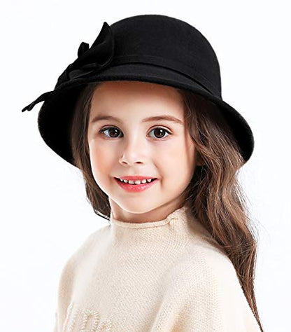Bienvenu Kids Girls Winter Warm 100% Wool Bucket Hats Fedoras with Bowknot - color: Black