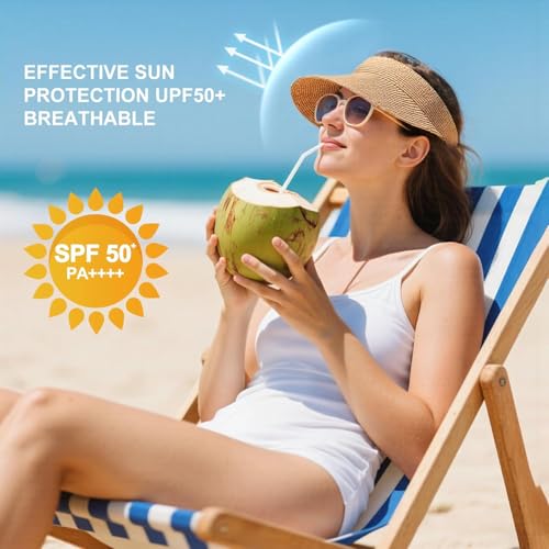 MULIMU new 3pcs Sun Visor Hats for Women Wide Brim Straw Visors Womens Foldable Beach Visors Summer Packable Ponytail Beach Hat Black