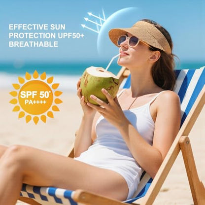 MULIMU new 3pcs Sun Visor Hats for Women Wide Brim Straw Visors Womens Foldable Beach Visors Summer Packable Ponytail Beach Hat Black