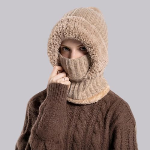 Women’s Knitted Beanie Hat with Face Cover - 3 in 1 Winter Balaclava with Mask Scarf Ear Muffs Pompom Fleece Lined Snow Caps - color: Brown-a